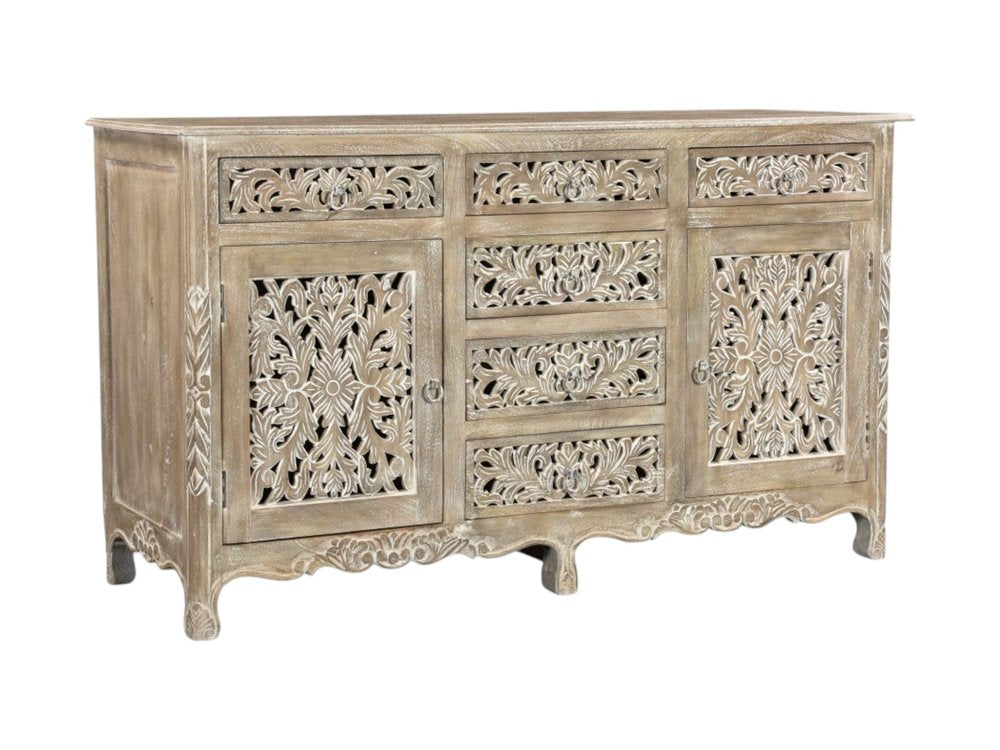 Gray Distressed Solid Wood Carved Floral Six Drawer Sideboard with Two Doors