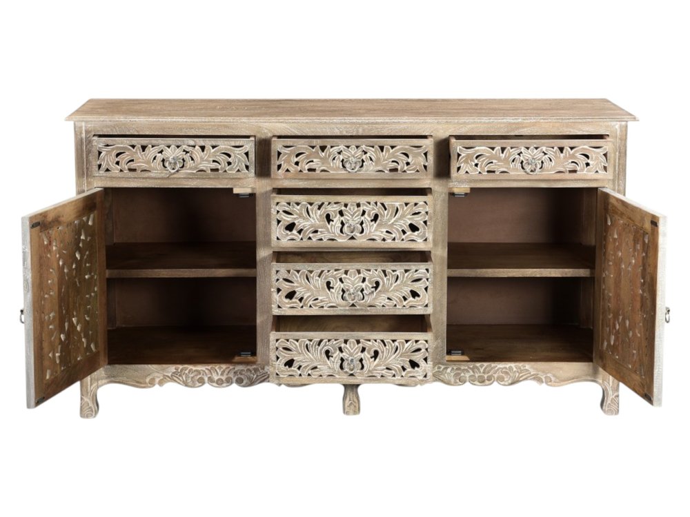 Gray Distressed Solid Wood Carved Floral Six Drawer Sideboard with Two Doors