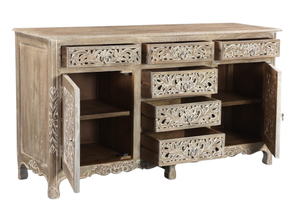 Gray Distressed Solid Wood Carved Floral Six Drawer Sideboard with Two Doors