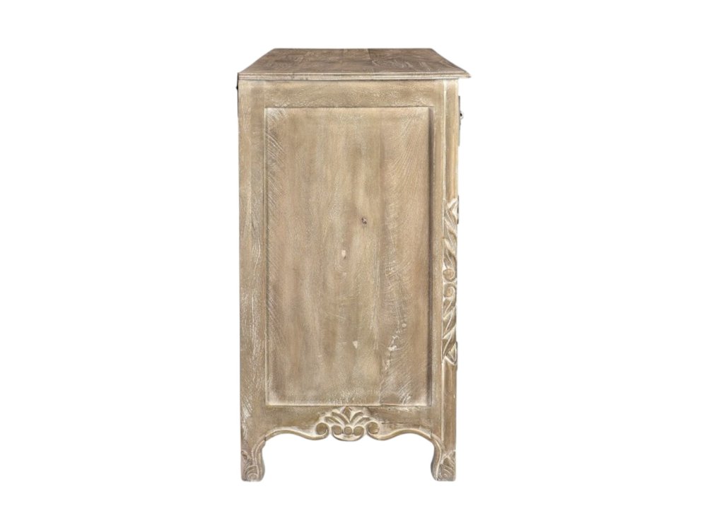 Gray Distressed Solid Wood Carved Floral Six Drawer Sideboard with Two Doors