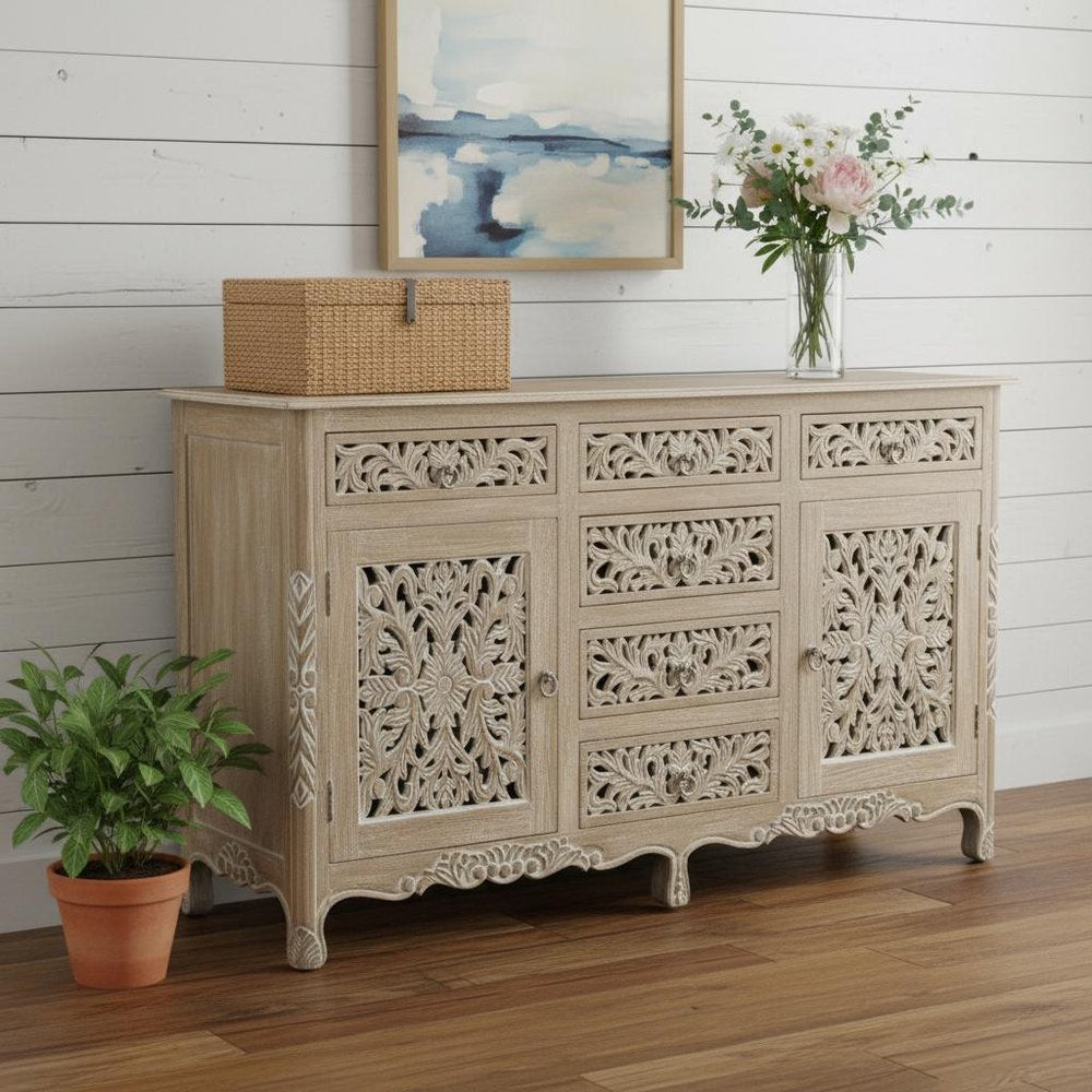 Gray Distressed Solid Wood Carved Floral Six Drawer Sideboard with Two Doors