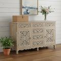 Gray Distressed Solid Wood Carved Floral Six Drawer Sideboard with Two Doors