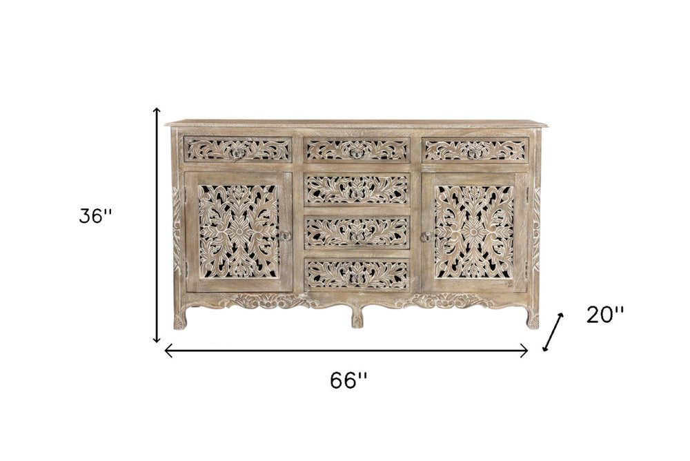 Gray Distressed Solid Wood Carved Floral Six Drawer Sideboard with Two Doors
