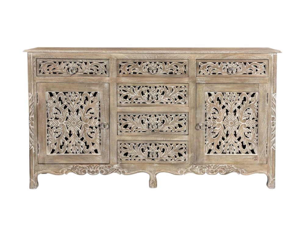 Gray Distressed Solid Wood Carved Floral Six Drawer Sideboard with Two Doors
