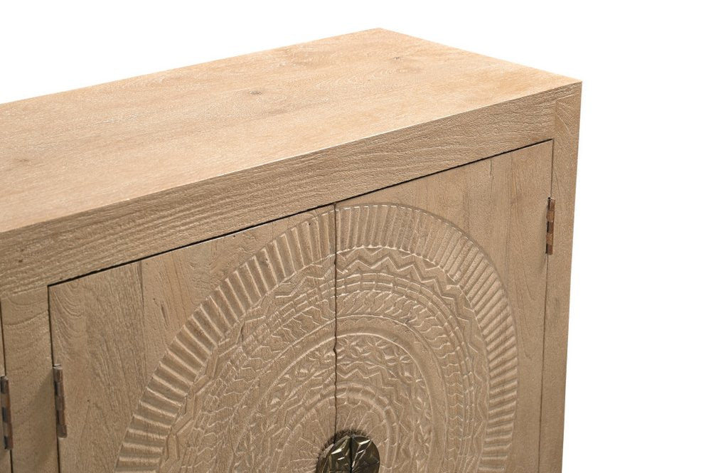Natural and Antiqued Gold Solid Wood Carved Geometric Sideboard with Six Doors