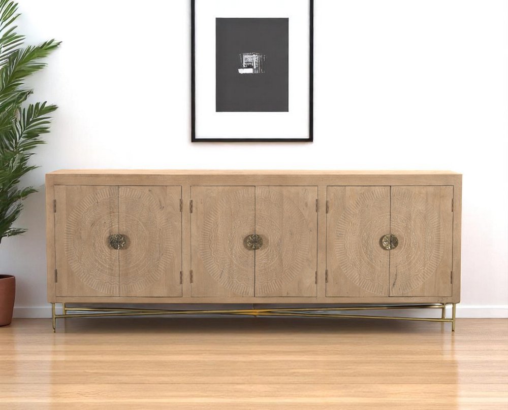 Natural and Antiqued Gold Solid Wood Carved Geometric Sideboard with Six Doors
