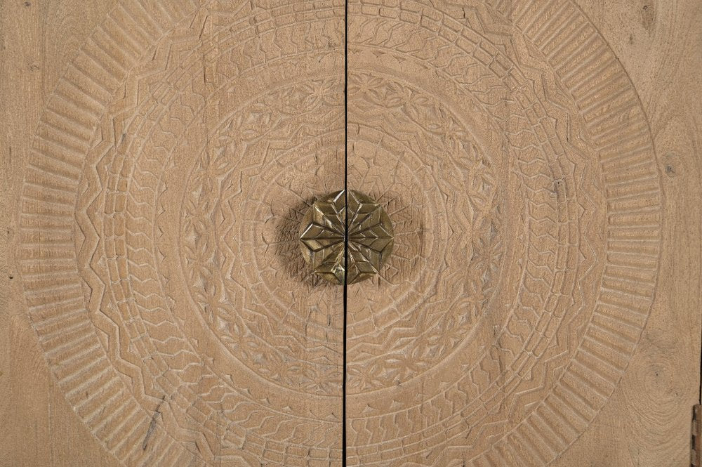 Natural and Antiqued Gold Solid Wood Carved Geometric Sideboard with Six Doors