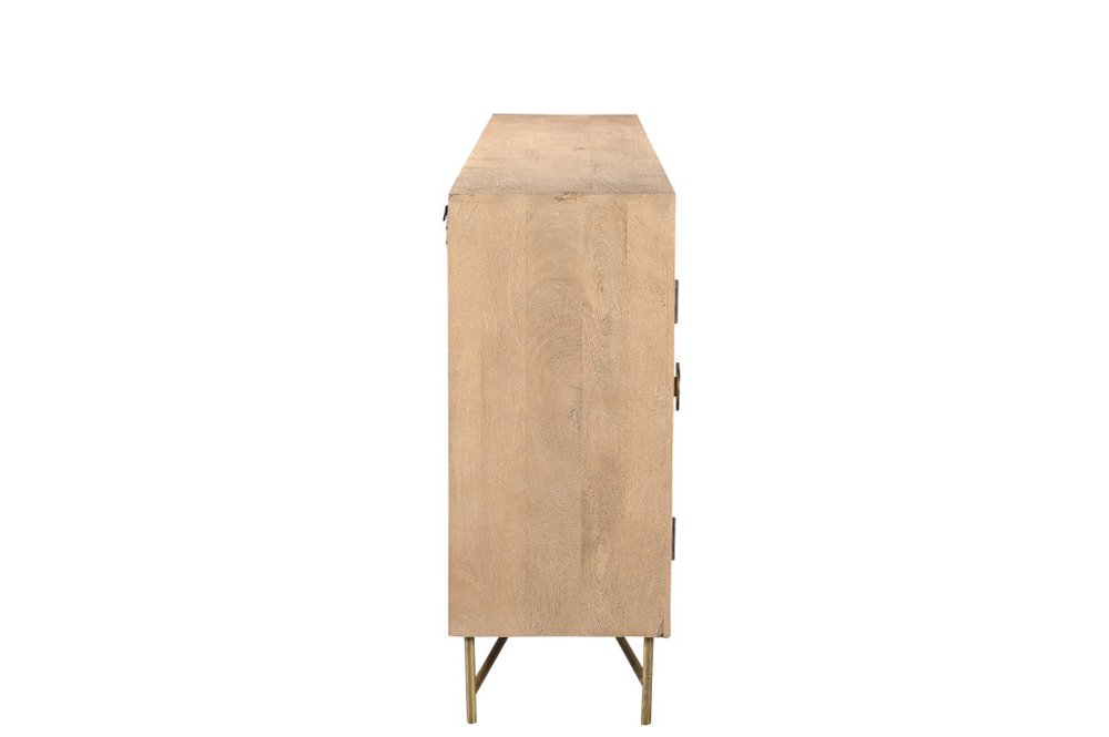 Natural and Antiqued Gold Solid Wood Carved Geometric Sideboard with Six Doors