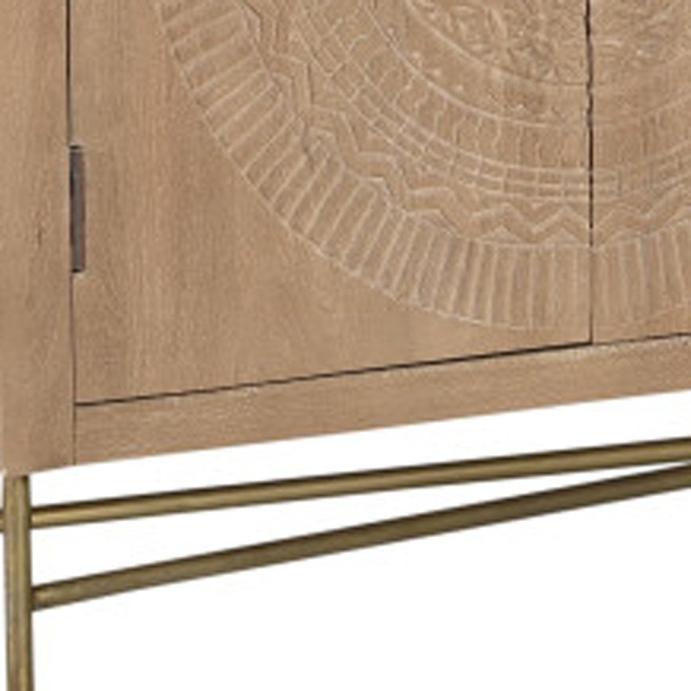 Natural and Antiqued Gold Solid Wood Carved Geometric Sideboard with Six Doors