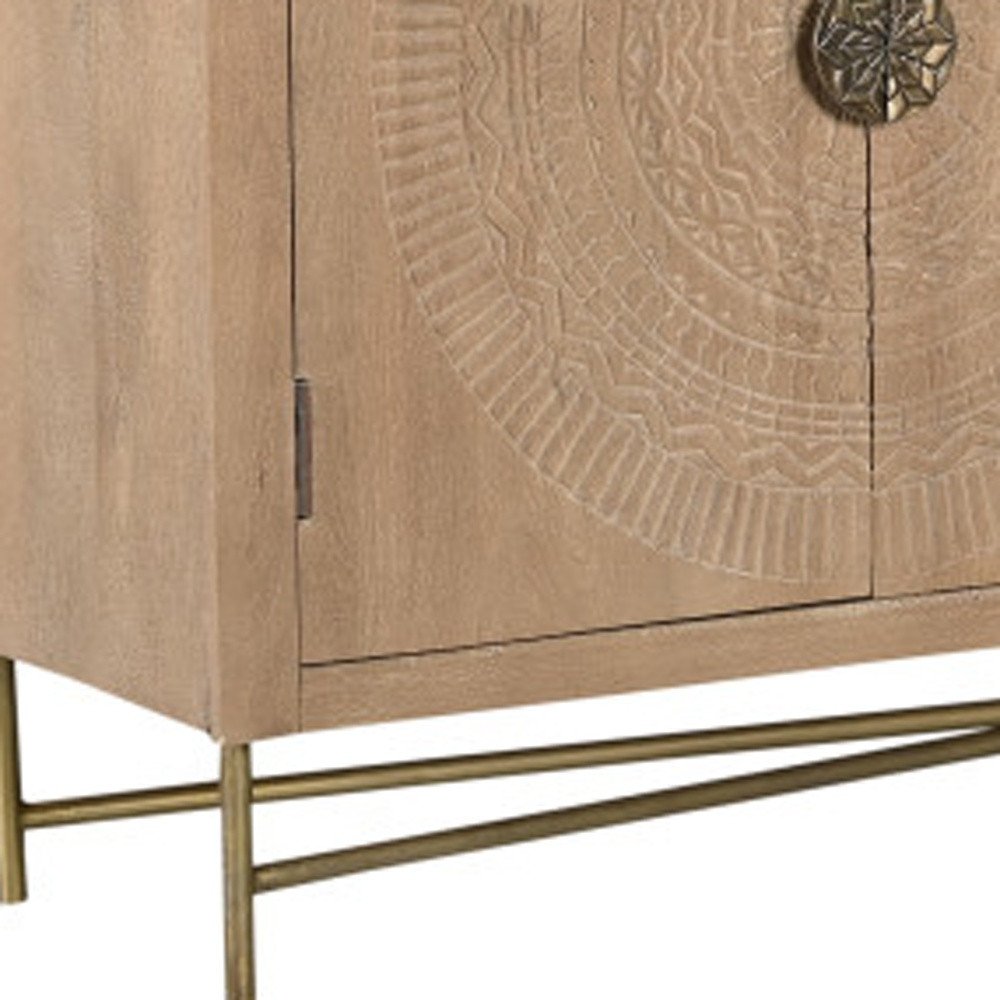 Natural and Antiqued Gold Solid Wood Carved Geometric Sideboard with Six Doors