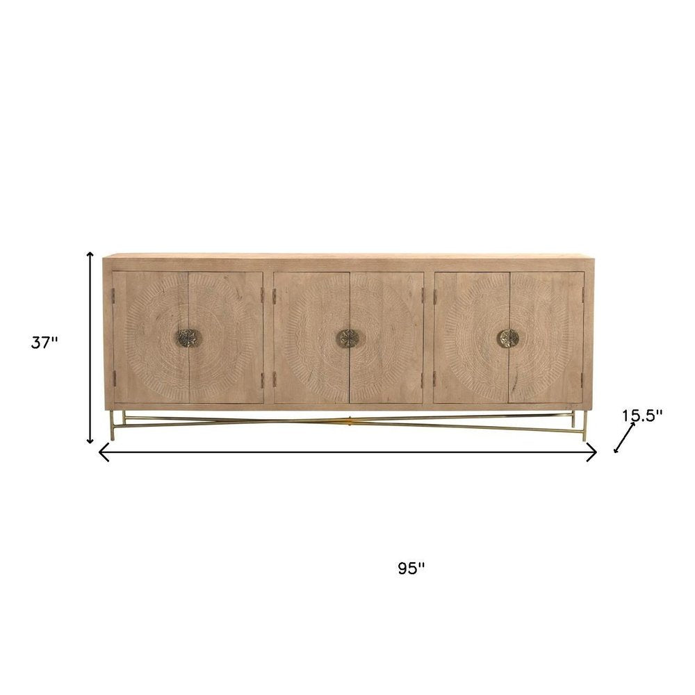 Natural and Antiqued Gold Solid Wood Carved Geometric Sideboard with Six Doors