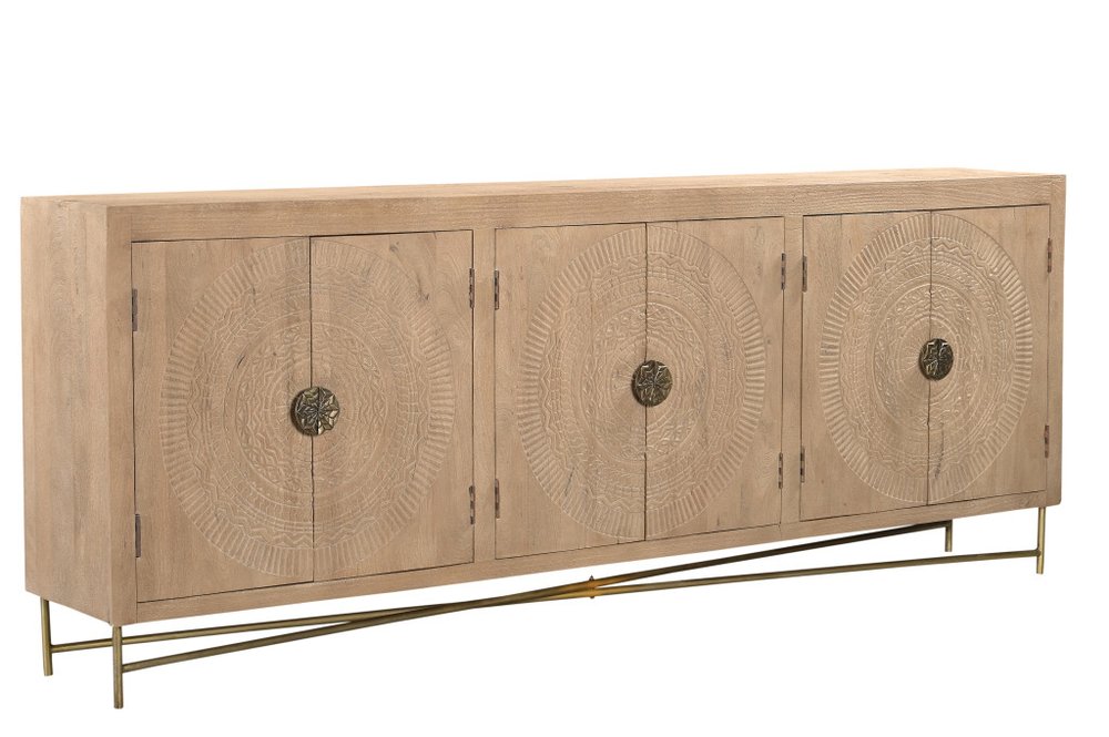 Natural and Antiqued Gold Solid Wood Carved Geometric Sideboard with Six Doors