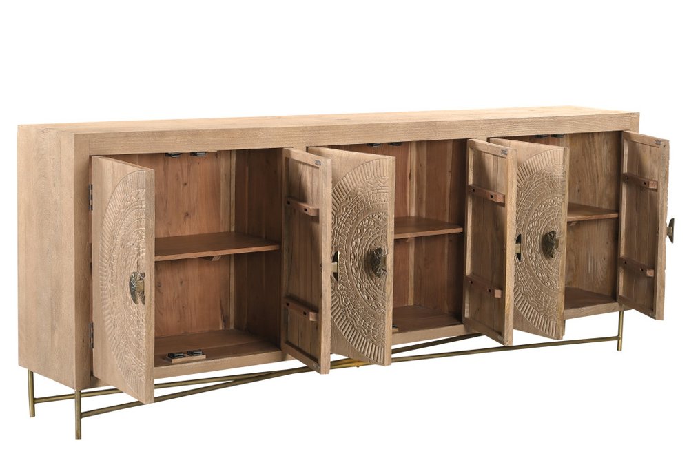 Natural and Antiqued Gold Solid Wood Carved Geometric Sideboard with Six Doors