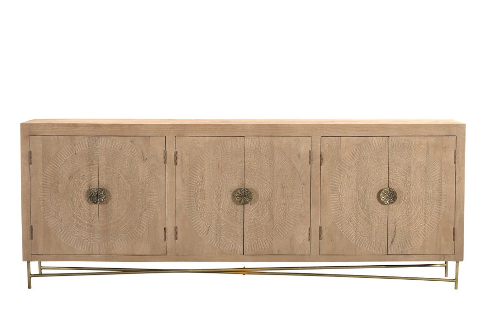 Natural and Antiqued Gold Solid Wood Carved Geometric Sideboard with Six Doors