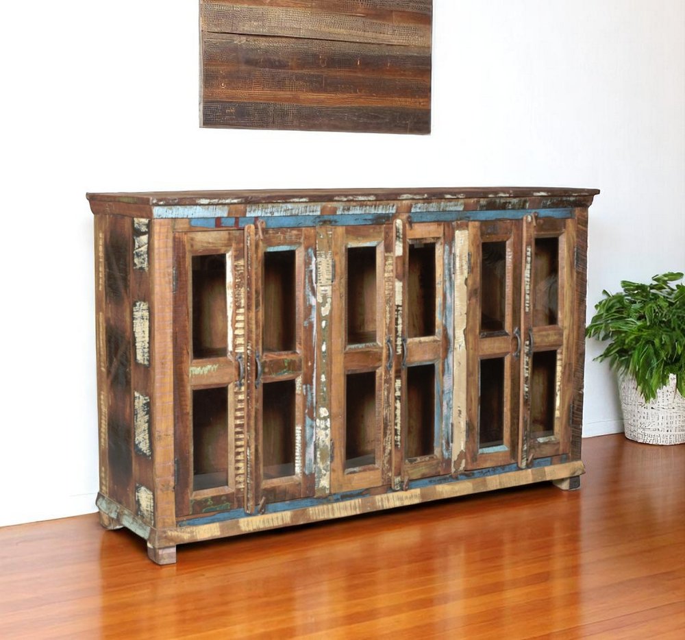 Brown Distressed Solid Wood Sideboard with Six Glass Doors - 71-inch