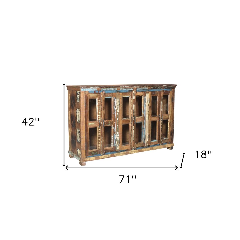 Brown Distressed Solid Wood Sideboard with Six Glass Doors - 71-inch