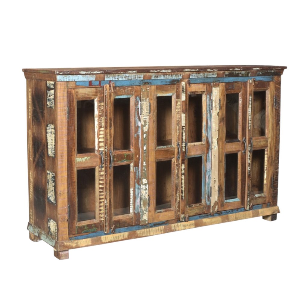 Brown Distressed Solid Wood Sideboard with Six Glass Doors - 71-inch