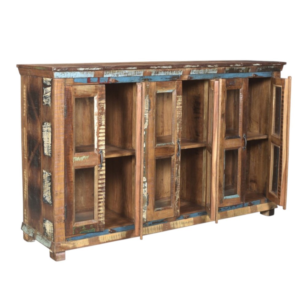 Brown Distressed Solid Wood Sideboard with Six Glass Doors - 71-inch