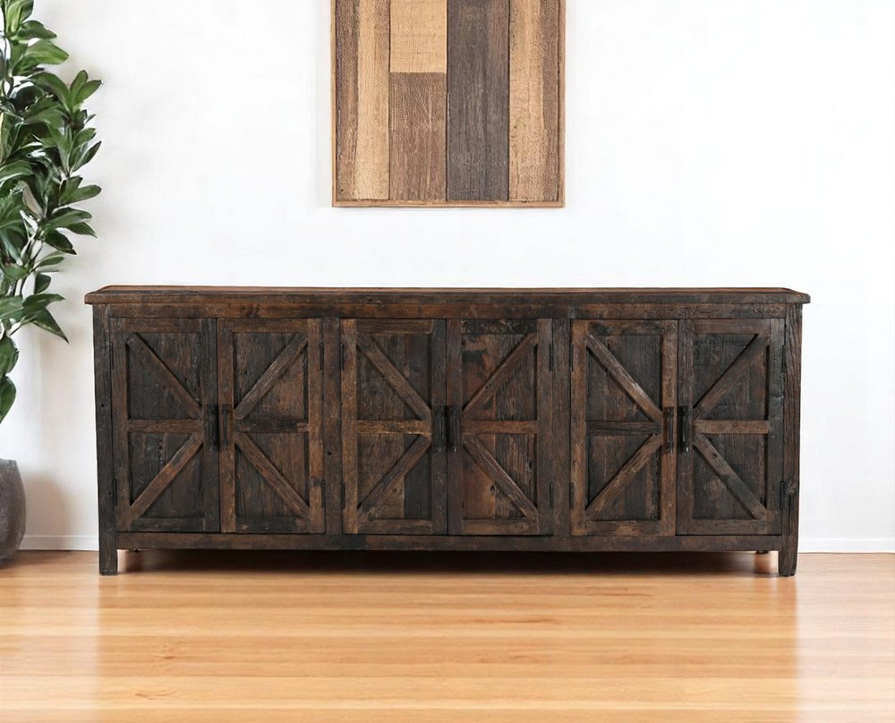 Dark Brown Distressed Reclaimed Wood Paneled Sideboard with Six Doors - 84-inch