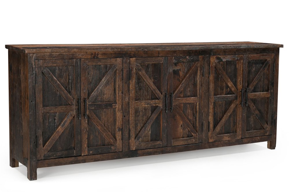 Dark Brown Distressed Reclaimed Wood Paneled Sideboard with Six Doors - 84-inch