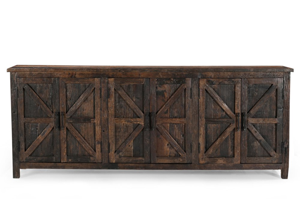 Dark Brown Distressed Reclaimed Wood Paneled Sideboard with Six Doors - 84-inch