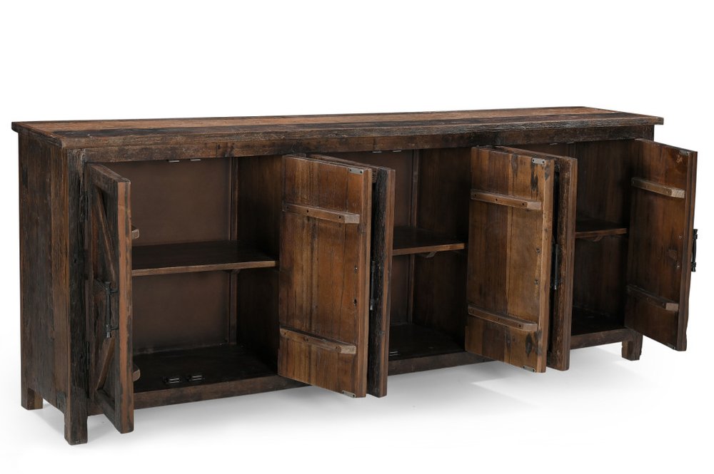 Dark Brown Distressed Reclaimed Wood Paneled Sideboard with Six Doors - 84-inch