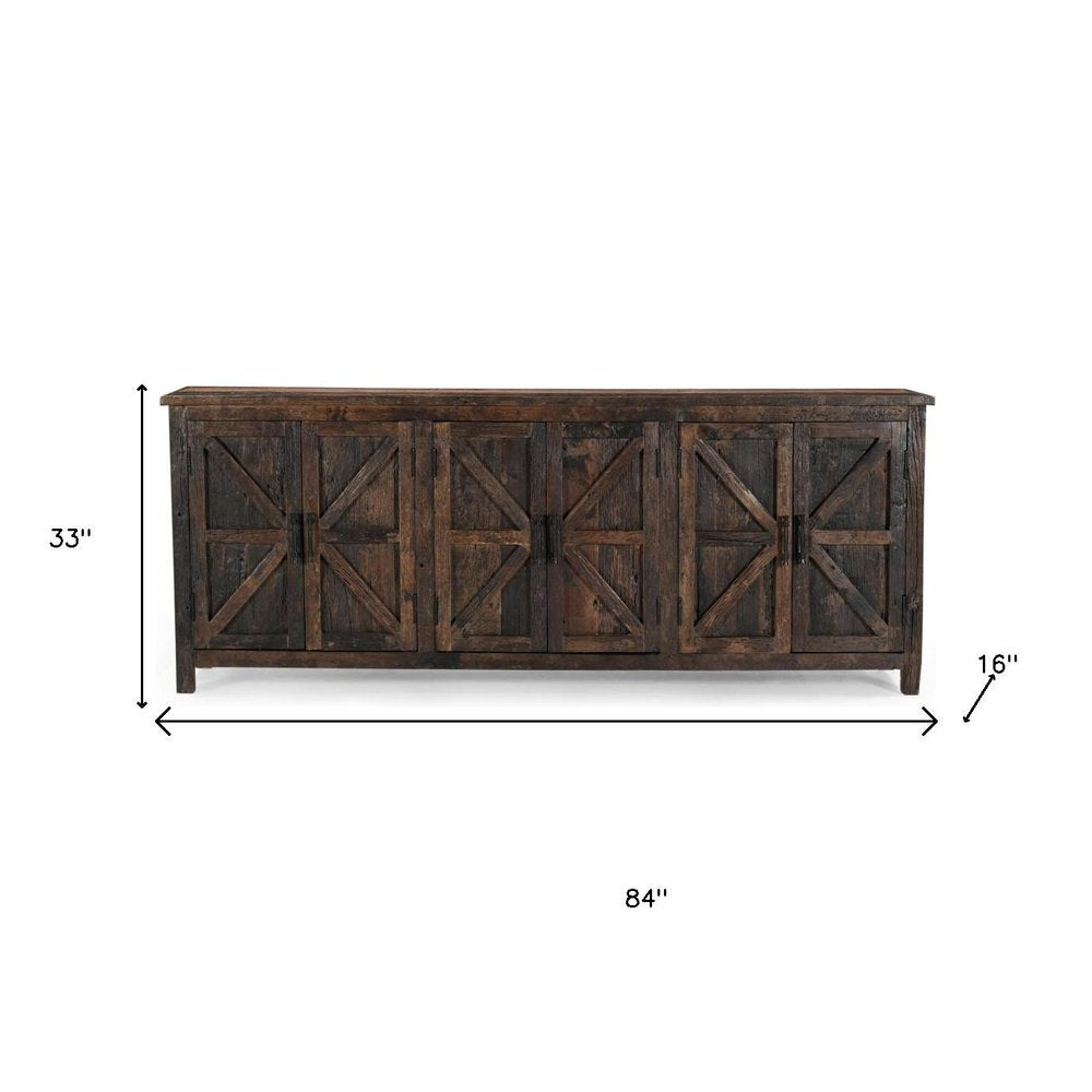 Dark Brown Distressed Reclaimed Wood Paneled Sideboard with Six Doors - 84-inch