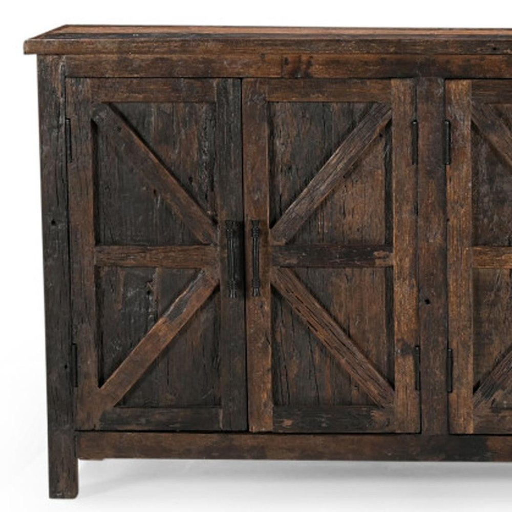 Dark Brown Distressed Reclaimed Wood Paneled Sideboard with Six Doors - 84-inch