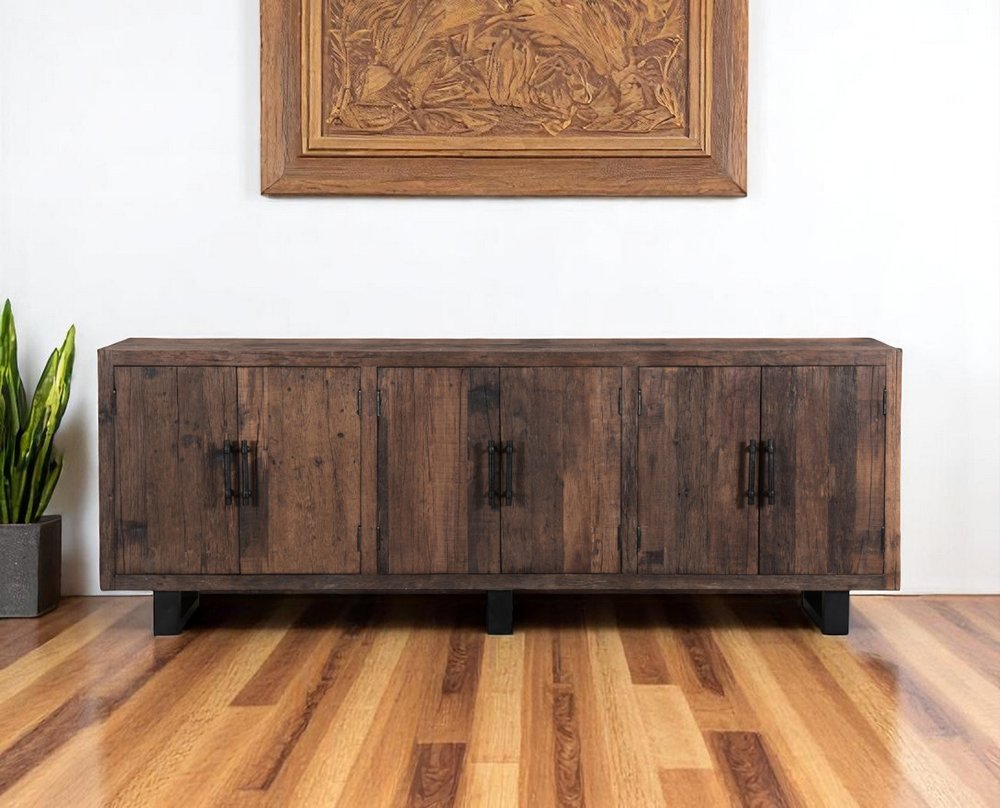 Dark Brown Distressed Reclaimed Wood Sideboard with Six Doors - 100-inch