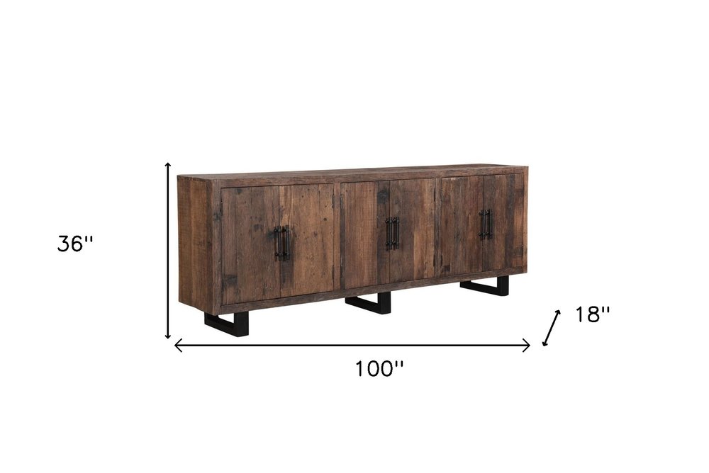 Dark Brown Distressed Reclaimed Wood Sideboard with Six Doors - 100-inch