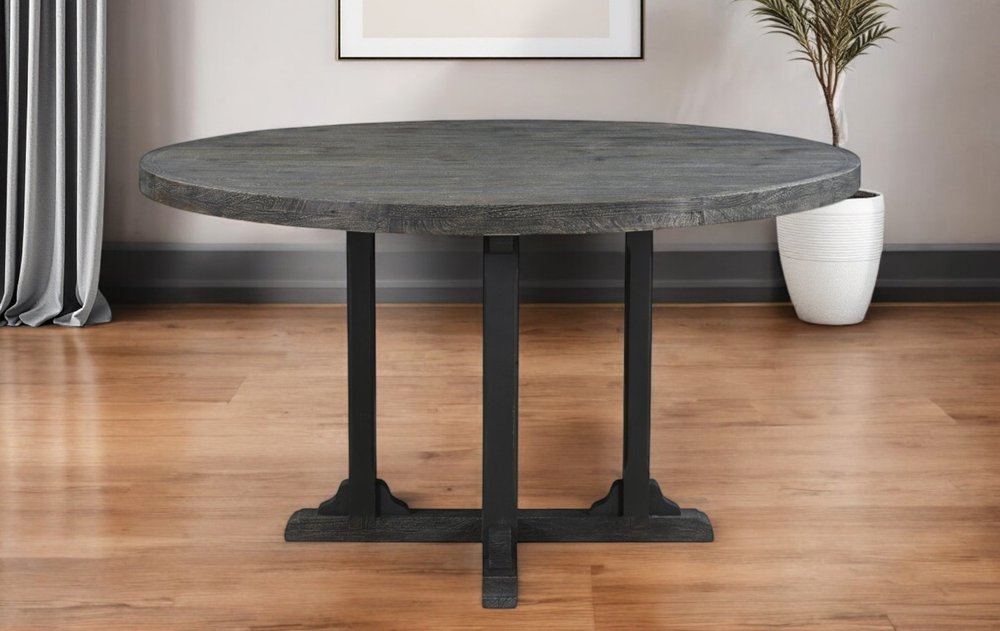 Black Rounded Solid Wood Pedestal Base Dining Table - 54-inch