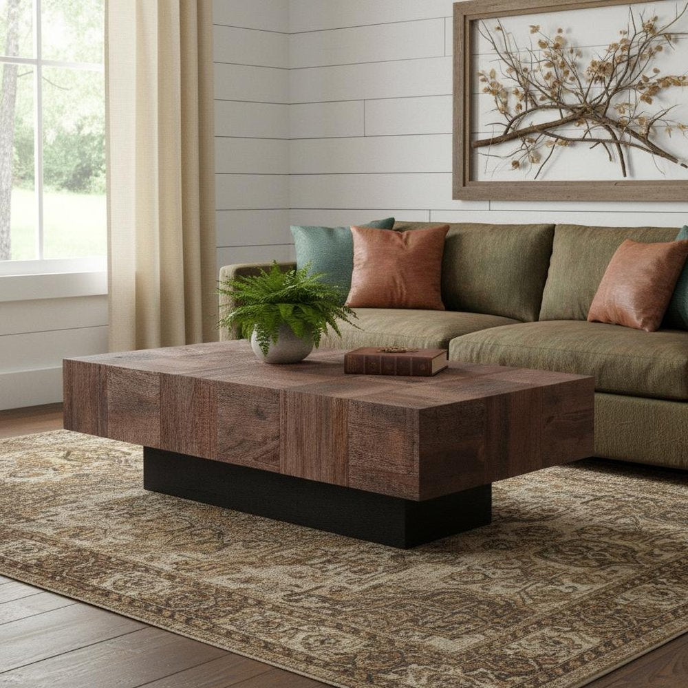 Dark Brown and Black Solid Wood Block Coffee Table - 59-inch