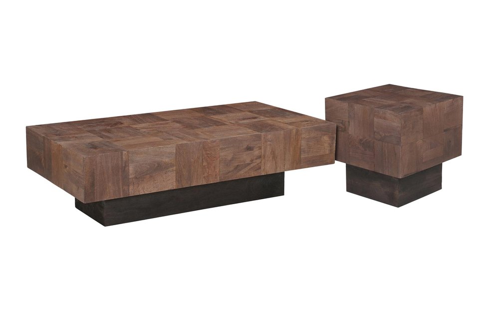 Dark Brown and Black Solid Wood Block Coffee Table - 59-inch