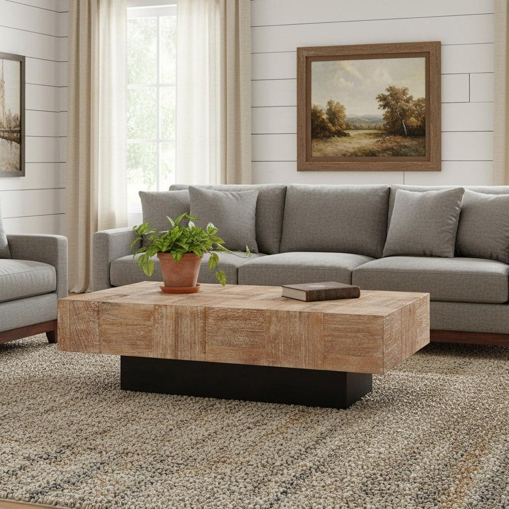 Natural and Black Solid Wood Block Coffee Table - 59-inch