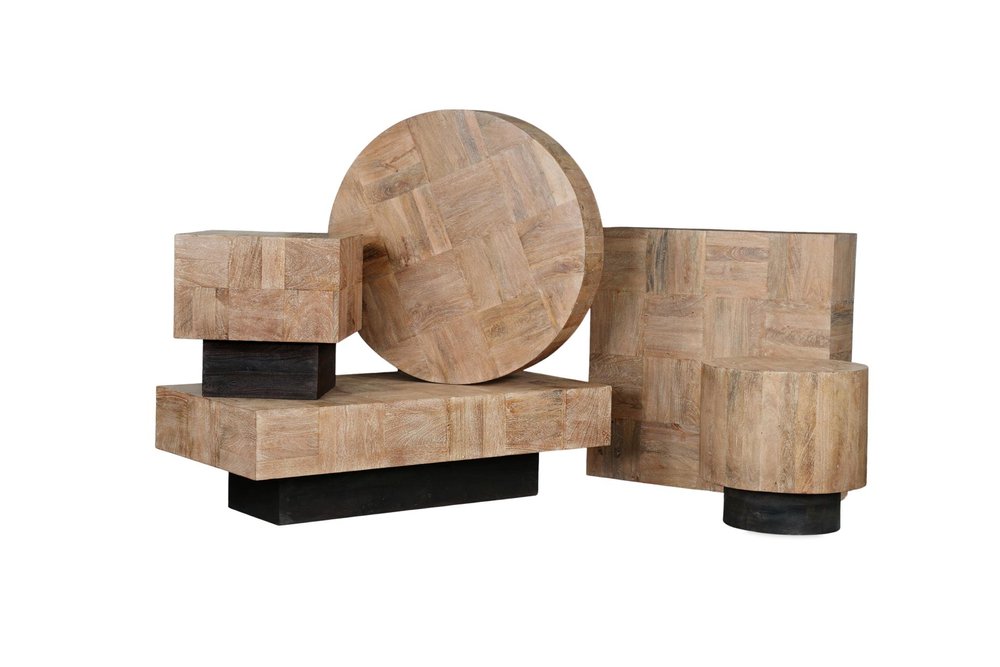 Natural and Black Solid Wood Block Coffee Table - 59-inch