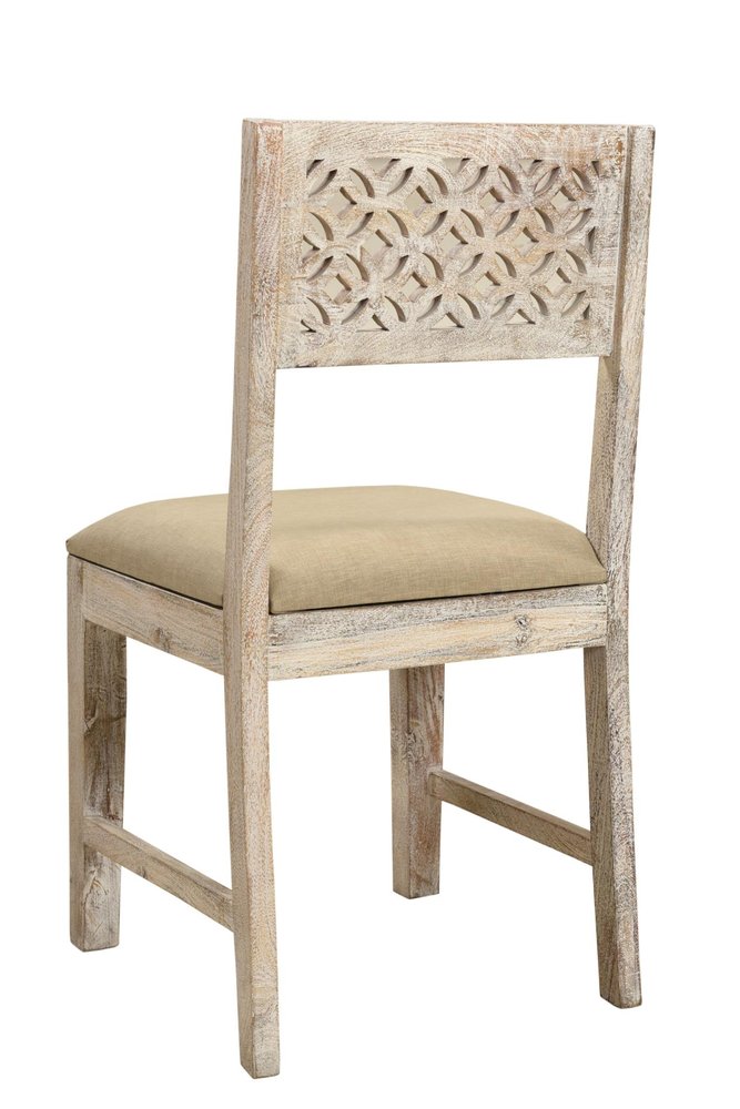 Set of Two Brown and White Upholstered Fabric Carved Back Dining Side Chairs