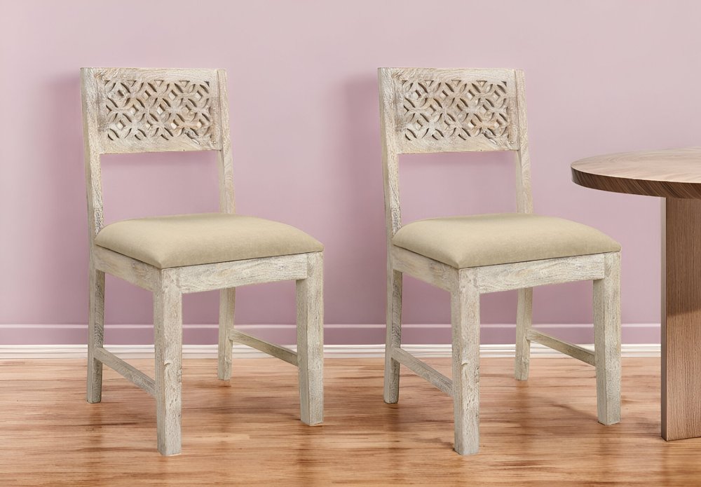 Set of Two Brown and White Upholstered Fabric Carved Back Dining Side Chairs