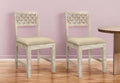 Set of Two Brown and White Upholstered Fabric Carved Back Dining Side Chairs