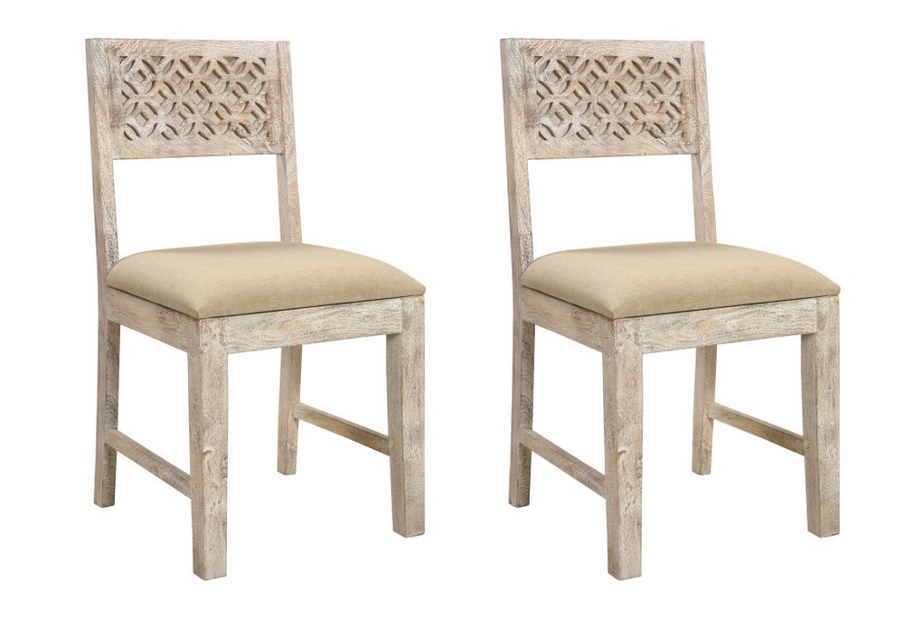 Set of Two Brown and White Upholstered Fabric Carved Back Dining Side Chairs