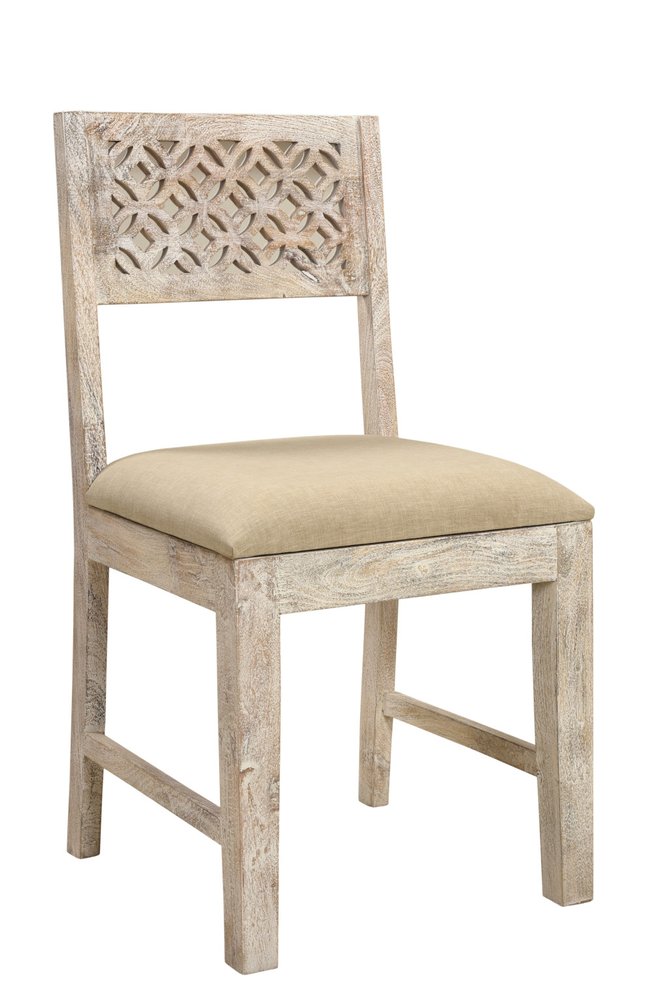 Set of Two Brown and White Upholstered Fabric Carved Back Dining Side Chairs