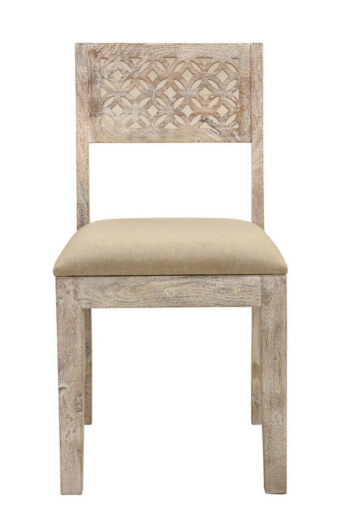 Set of Two Brown and White Upholstered Fabric Carved Back Dining Side Chairs