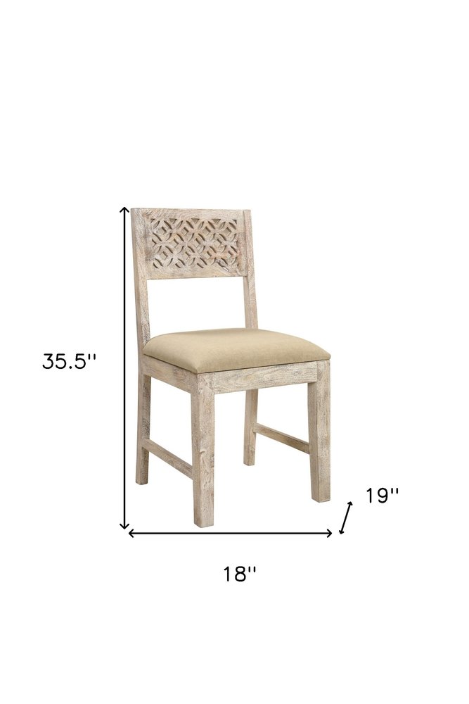 Set of Two Brown and White Upholstered Fabric Carved Back Dining Side Chairs