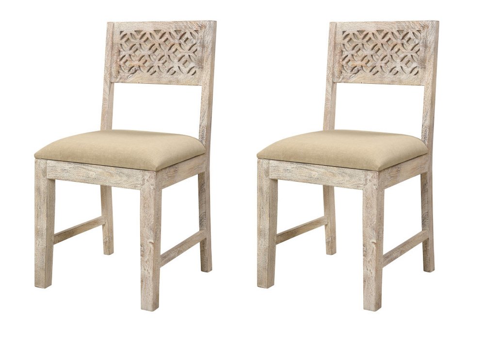 Set of Two Brown and White Upholstered Fabric Carved Back Dining Side Chairs
