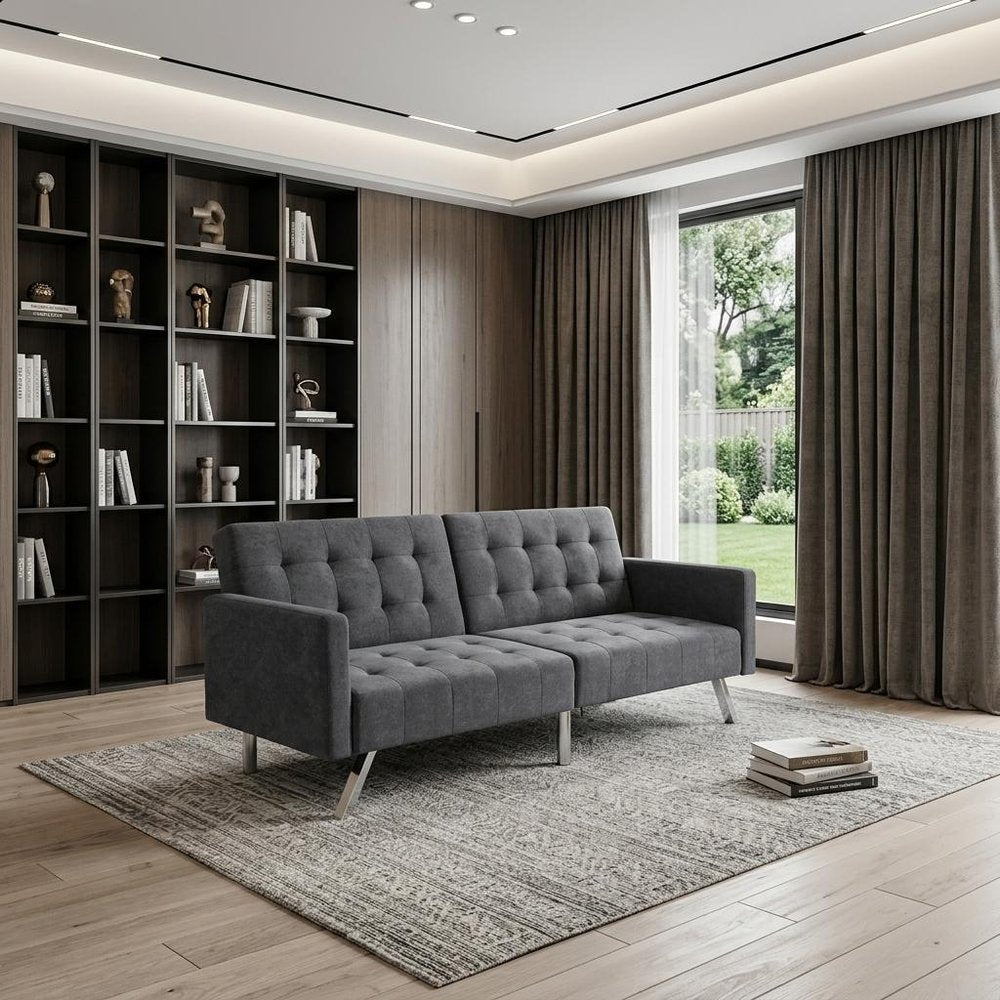 Dark Gray Linen Sleeper Sofa with Silver Legs - 75-inch