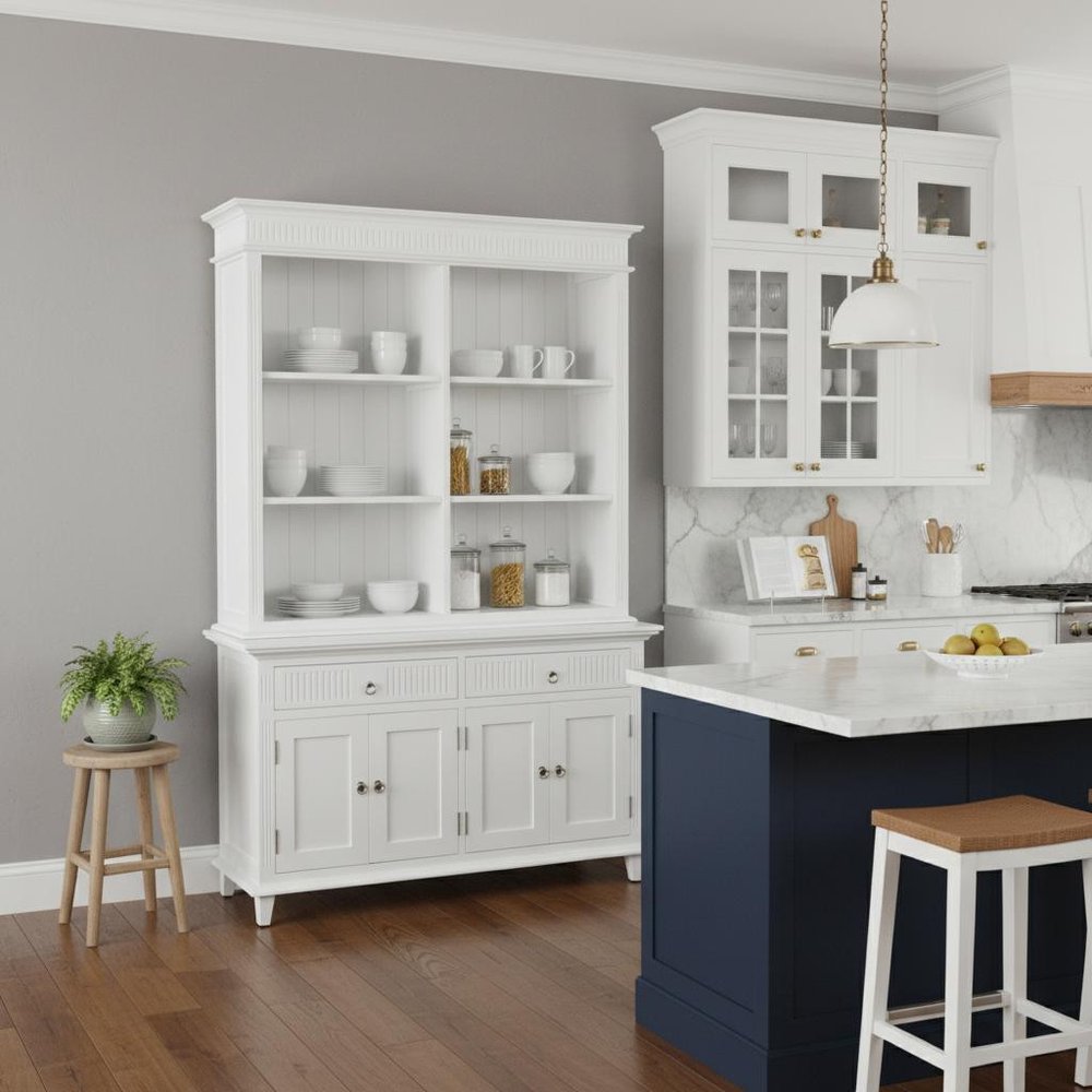 Antiqued White Solid and Manufactured Wood Four Door Two Drawer Pantry or Storage Closet