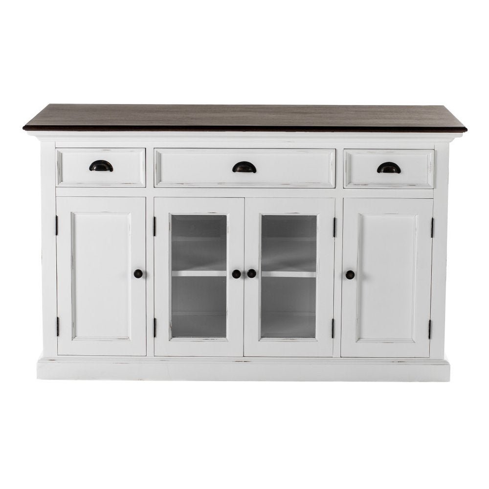 White and Black Solid Wood Paneled Three Drawer Buffet Table with Four Glass Doors