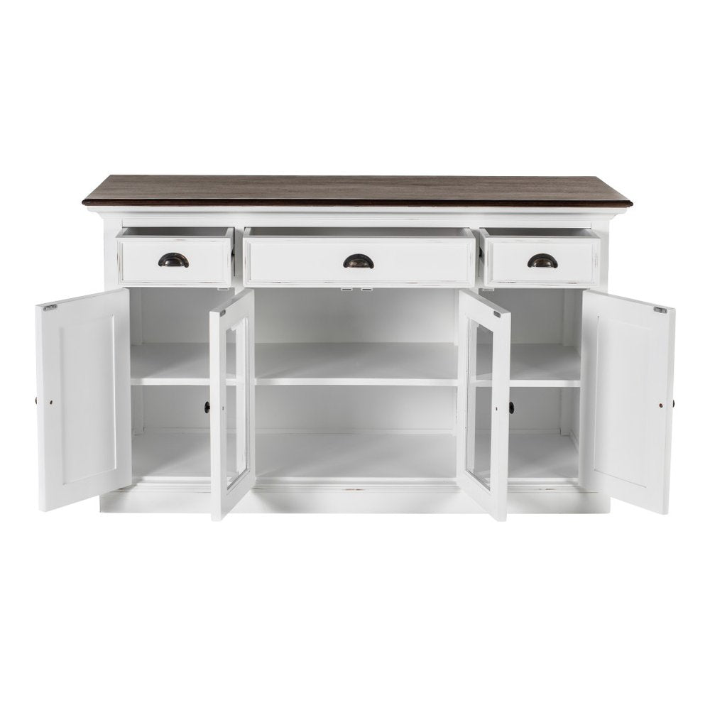 White and Black Solid Wood Paneled Three Drawer Buffet Table with Four Glass Doors