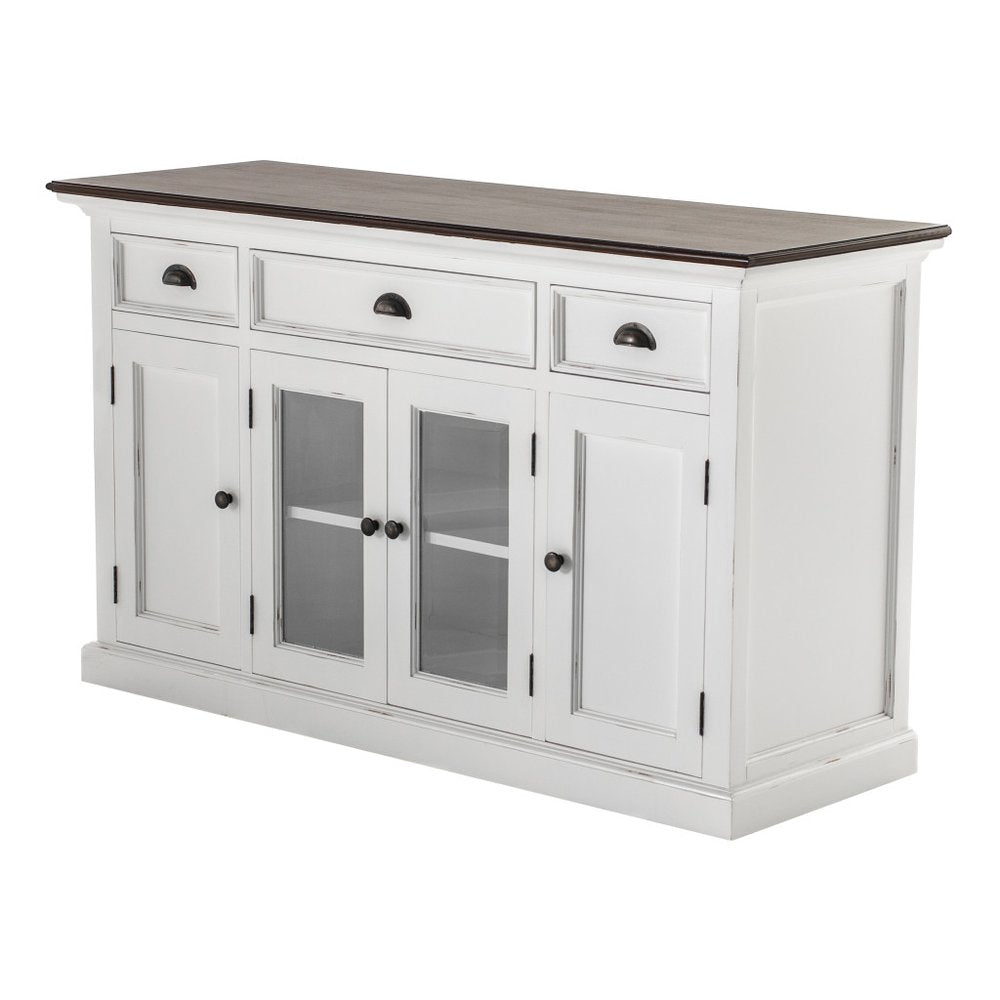White and Black Solid Wood Paneled Three Drawer Buffet Table with Four Glass Doors