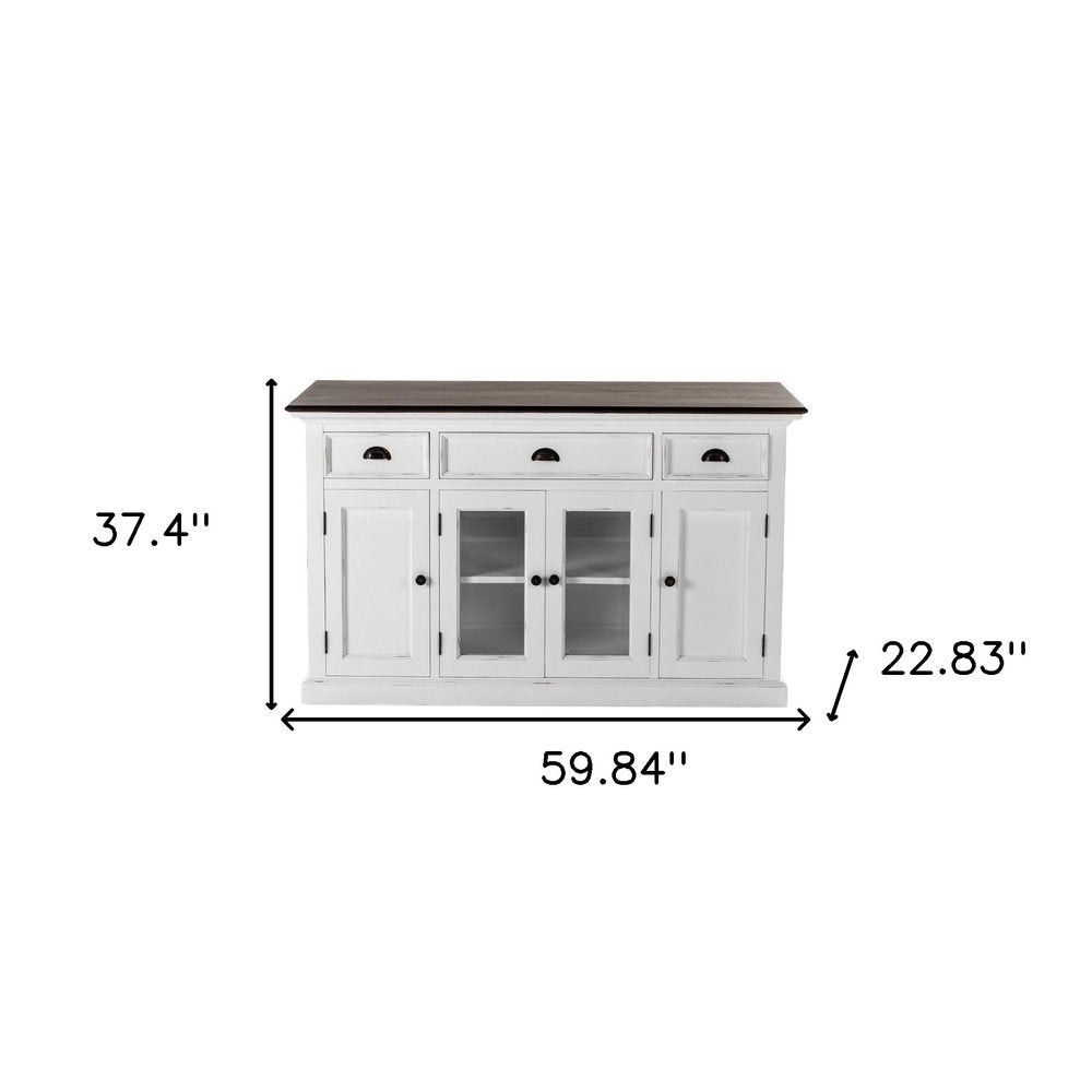 White and Black Solid Wood Paneled Three Drawer Buffet Table with Four Glass Doors