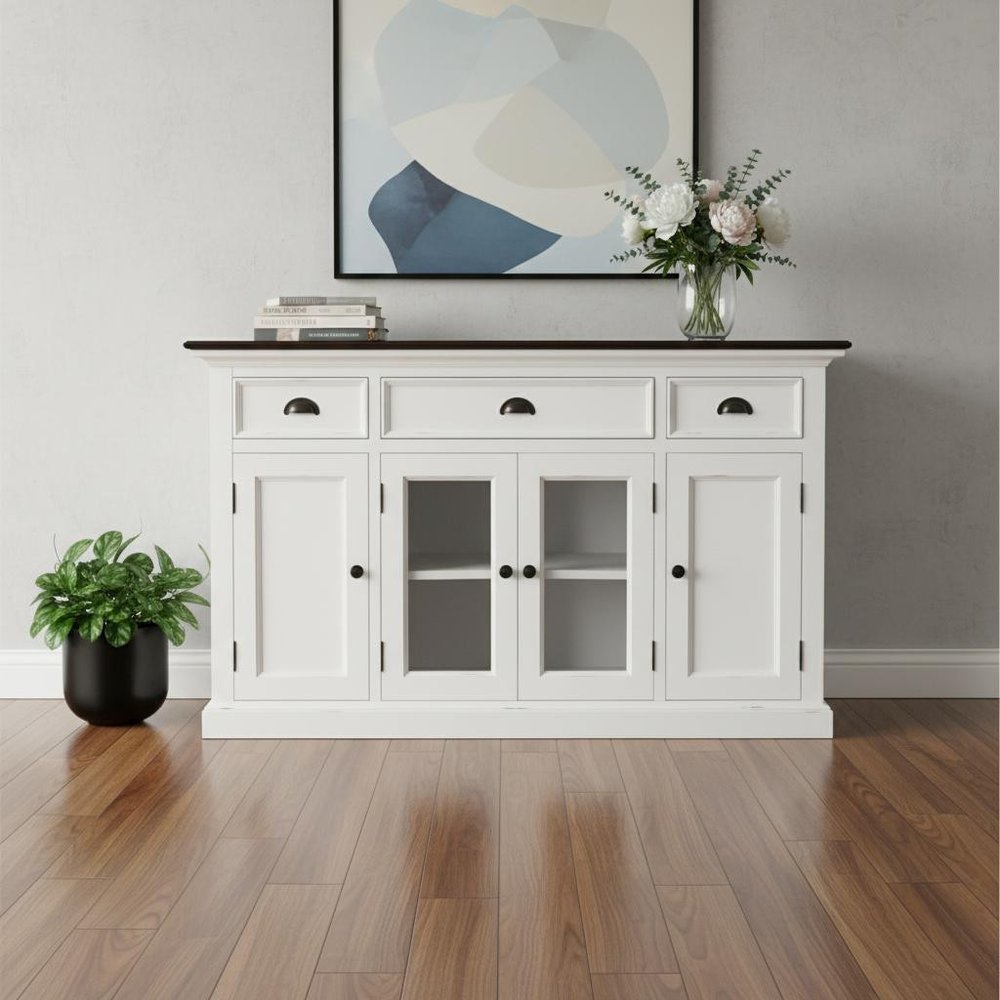 White and Black Solid Wood Paneled Three Drawer Buffet Table with Four Glass Doors